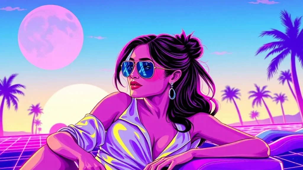 Stylized retro illustration of Meghan Markle surrounded by holographic royal symbols and neon lights.