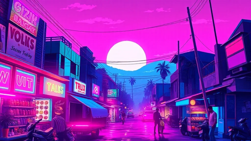 A stylized vaporwave Kolkata street scene with glowing spices and a retro character enjoying tea.