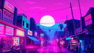 A stylized vaporwave Kolkata street scene with glowing spices and a retro character enjoying tea.