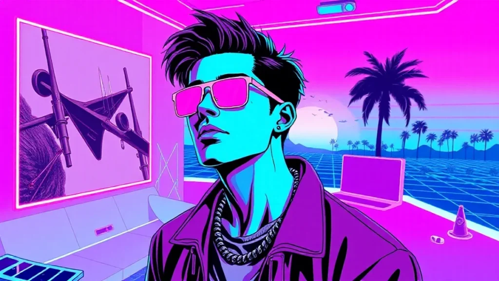 Stylized Y2K retro illustration of a man surrounded by glowing pink neon hearts.