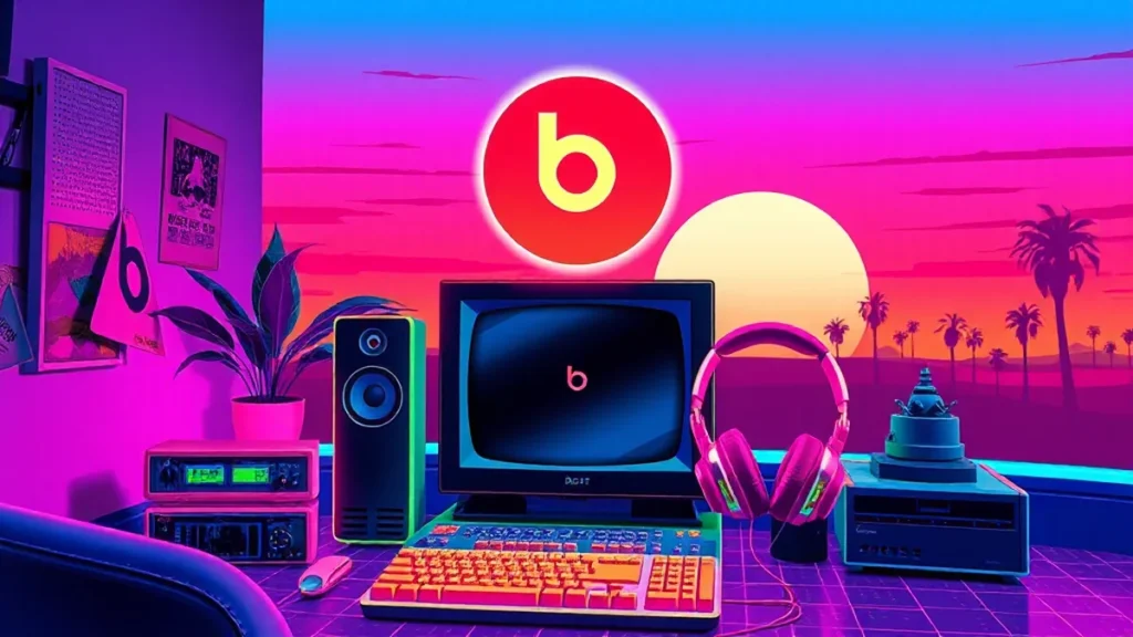 A stylized Y2K scene featuring glowing Beats headphones and a neon-lit retro computer in a synthwave environment.