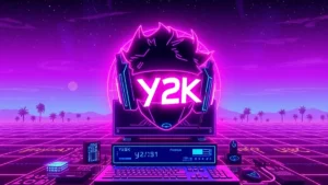 A stylized Y2K character in a neon-lit digital space with floating holograms and cosmic symbols.