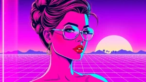 Stylized retro illustration of a woman amidst pink neon vaporwave holographic shapes.