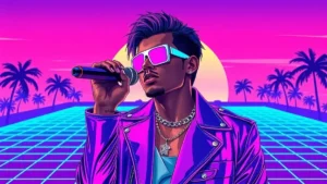 Stylized retro illustration of Lil Uzi Vert performing a high energy concert under neon lights.