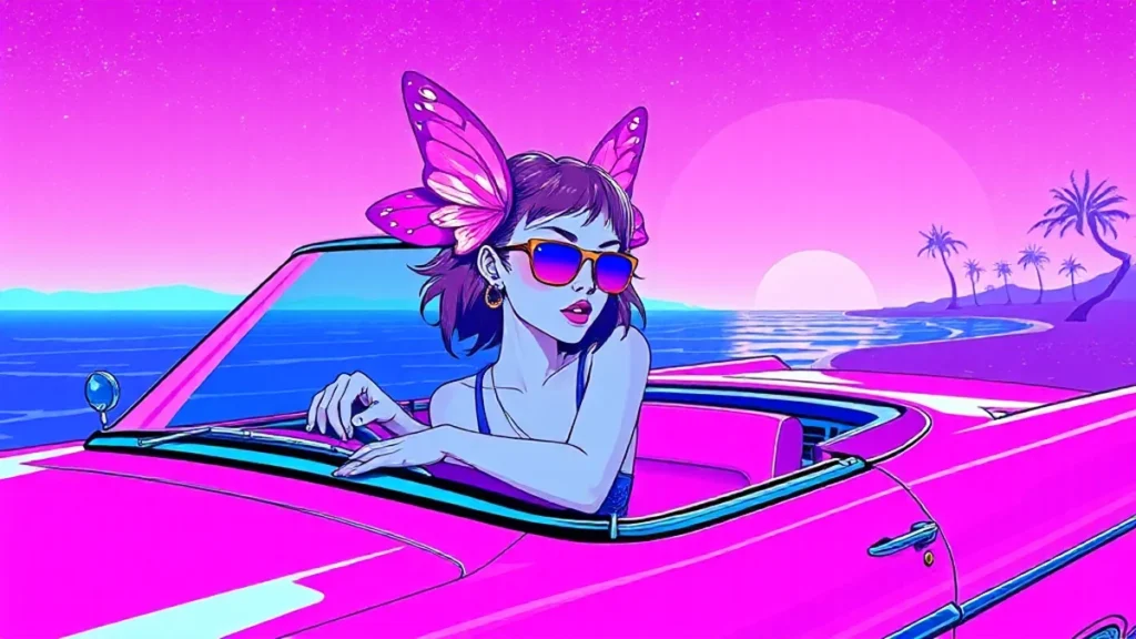 Retro Y2K illustration of a girl driving along the scenic Limassol coast in Cyprus.