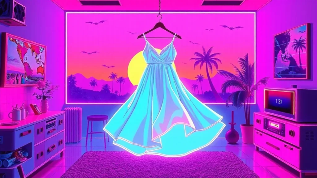 A glowing linen dress in a neon-lit cyberpunk room with holographic fashion items and digital text.