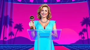 A woman holding a lifetime achievement award while speaking at a microphone on stage.