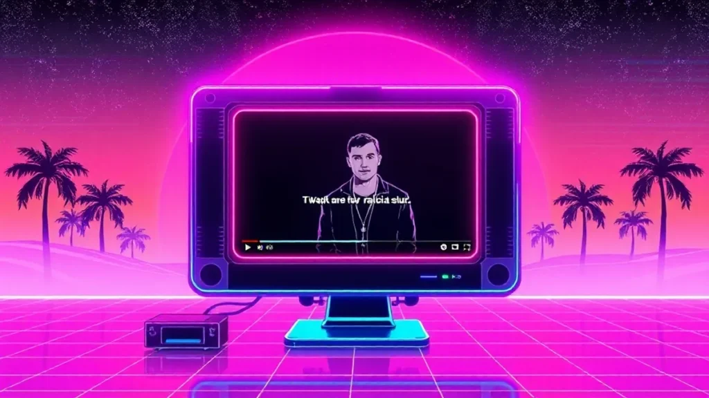 A retro Y2K computer screen shows a viral video clip with floating holographic text and glitch effects.