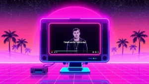 A retro Y2K computer screen shows a viral video clip with floating holographic text and glitch effects.