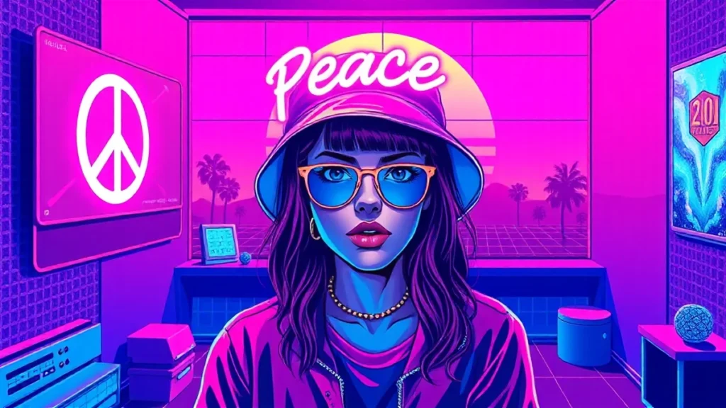 Retro Y2K scene featuring a glowing peace sign and a stylish woman in a bucket hat and glasses.