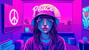Retro Y2K scene featuring a glowing peace sign and a stylish woman in a bucket hat and glasses.