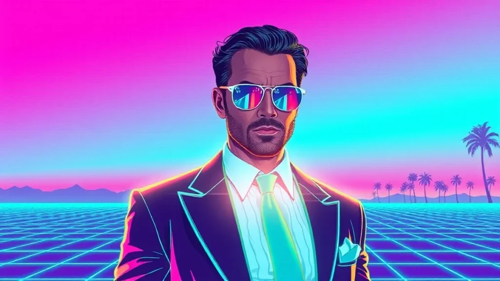 Stylized retro illustration of Matt Damon as Jason Bourne in a neon cyberpunk setting.