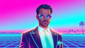 Stylized retro illustration of Matt Damon as Jason Bourne in a neon cyberpunk setting.