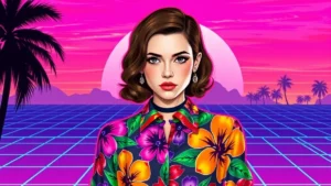 Millie Bobby Brown wearing a vibrant vintage Roberto Cavalli tropical flower print silk blouse.
