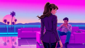 A confident woman walking away from an indifferent man sitting on a sofa.