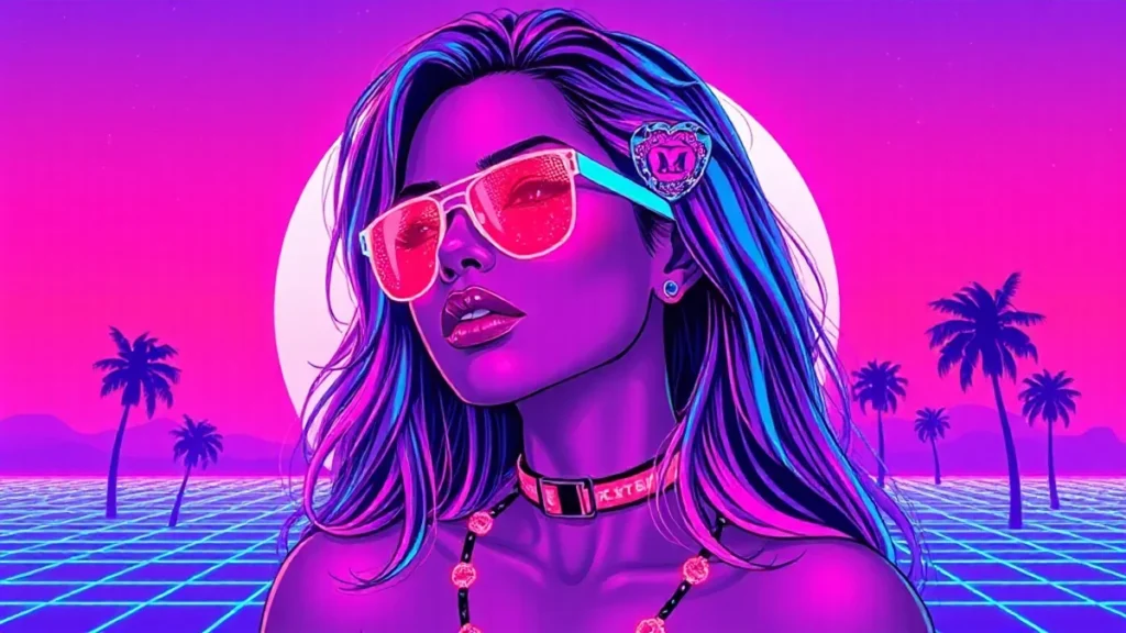 A retro Y2K girl with sunburn and glitter makeup in a neon-lit digital room.