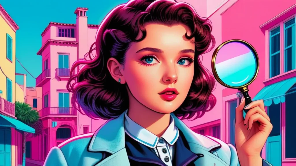 A stylish woman dressed as a detective investigating a mystery in a sunlit outdoor setting.
