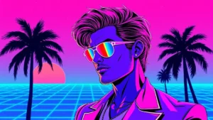 Stylized retro illustration of Nicholas Galitzine as He-Man in a neon synthwave setting.