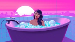 A woman hiding underwater in a bubble-filled bathtub during a playful moment.