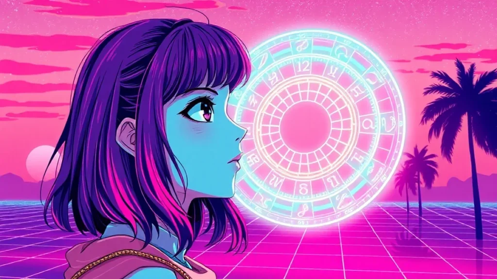 Stylized retro illustration of a girl looking at a neon holographic astrology chart.