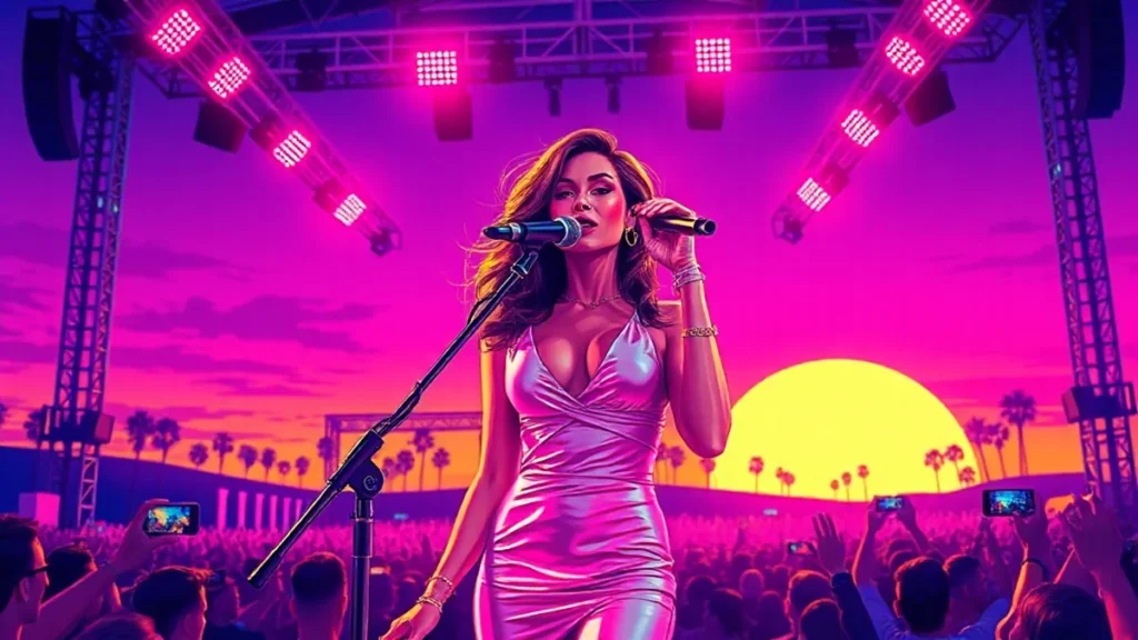 A female pop star performing on an outdoor music festival stage with bright lighting.