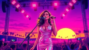 A female pop star performing on an outdoor music festival stage with bright lighting.