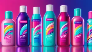 Artistic and colorful Funner haircare product bottles with swirling designs for a stylish shower routine.