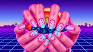 Close up of woman showing off blueberry and cherry patterned patriotic nail designs
