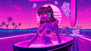 A retro Y2K character in a glowing bathroom with neon elements and a taco truck silhouette.