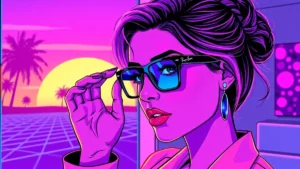 A stylish woman wearing Ray-Ban Meta smart glasses with prescription lenses.
