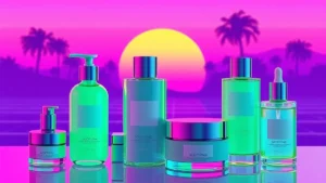 Various redness relief skincare products including green tinted sunscreen and calming serums on a neutral background.
