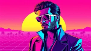 Stylized retro illustration of Richard Madden celebrating his fortieth birthday in a neon vaporwave aesthetic.