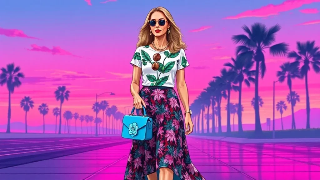 Mature woman wearing mixed tropical print clothing and a blue flower shaped handbag.