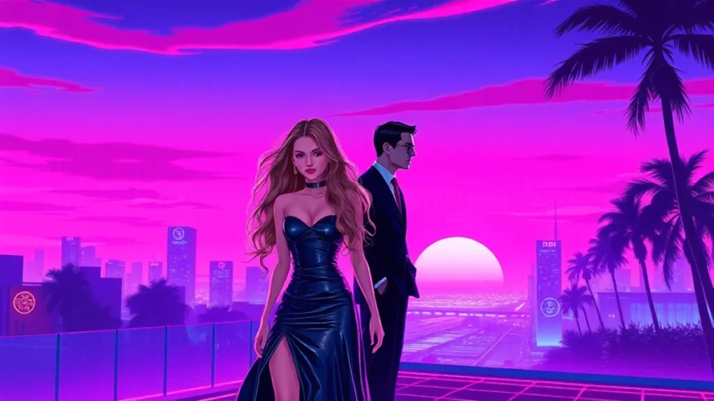 Sydney Sweeney and Scooter Braun walk through a glowing neon Y2K cityscape with holographic effects around them.