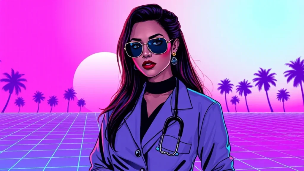 Stylized illustration of actress Sepideh Moafi in a retro neon vaporwave medical setting.