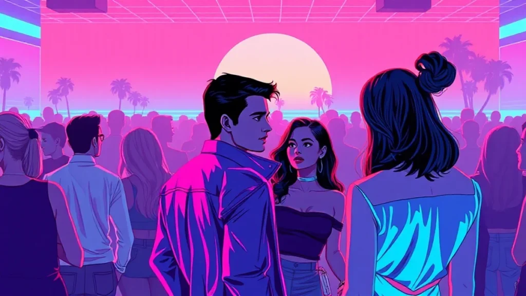 A man feeling isolated at a crowded social gathering being approached by a kind woman.