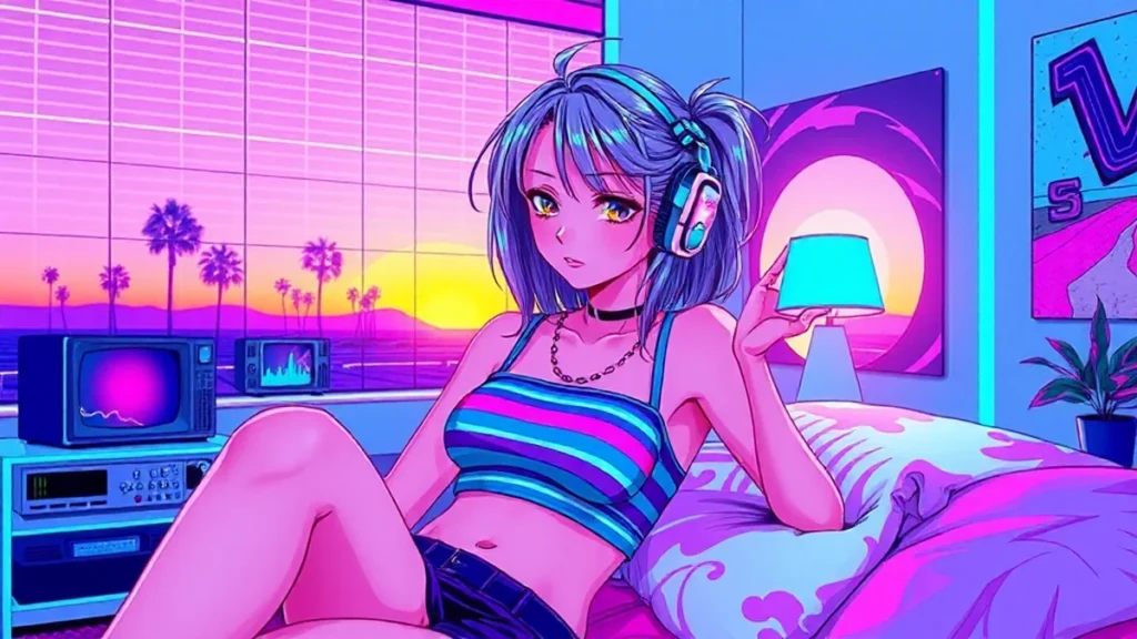 Stylized retro illustration of a trendy girl wearing colorful summer stripes in a neon aesthetic.