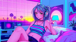 Stylized retro illustration of a trendy girl wearing colorful summer stripes in a neon aesthetic.