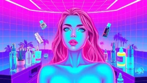 Sydney Sweeney glowing in a neon Y2K room with digital skincare products floating around her.