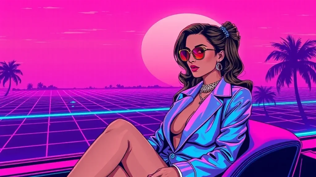 Stylized illustration of a woman in a neon vaporwave room with holographic elements.