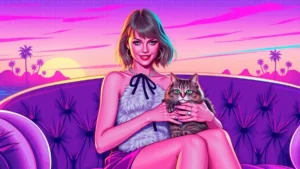 A glamorous woman cuddling a fluffy Scottish Fold cat while relaxing on a couch.