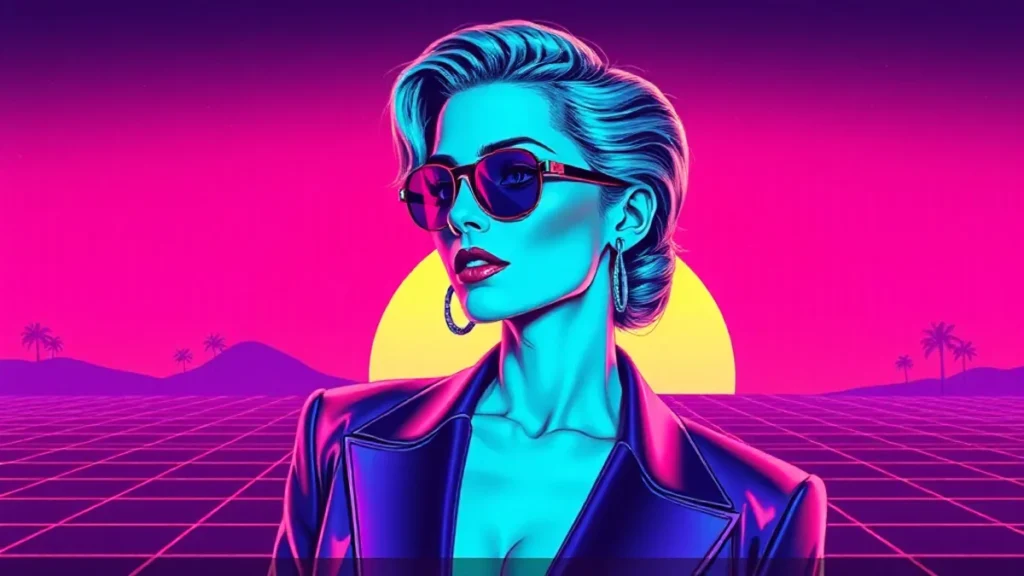 Stylized retro illustration of Tilda Swinton in iridescent clothing amidst neon museum architecture.