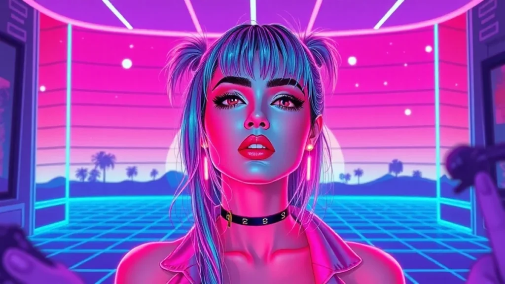 A stylized trans woman in a neon Y2K room with glowing makeup and floating holograms.