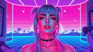 A stylized trans woman in a neon Y2K room with glowing makeup and floating holograms.