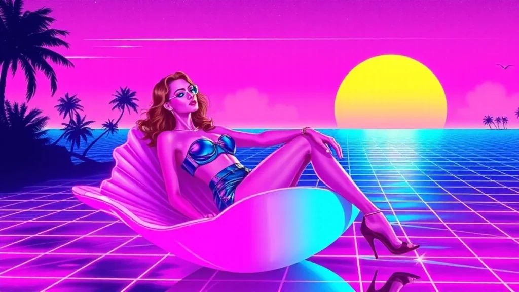 Stylized retro illustration of Dua Lipa in a neon vaporwave tropical honeymoon setting.