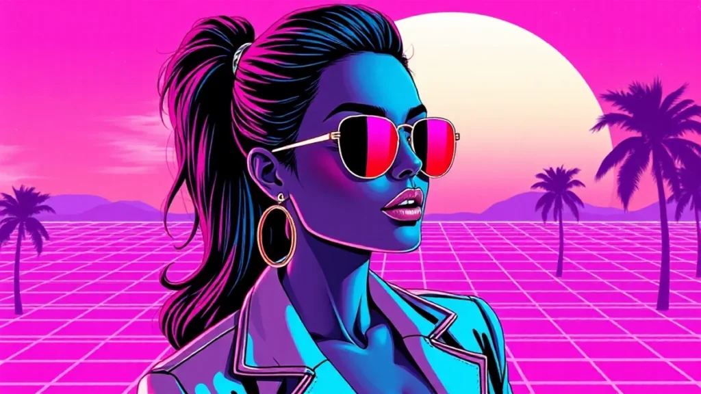 Stylized illustration of Trinity Rodman with a platinum blonde bob in a retro neon aesthetic.