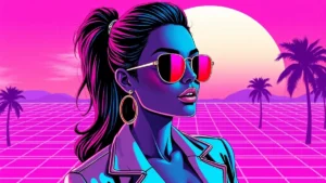 Stylized illustration of Trinity Rodman with a platinum blonde bob in a retro neon aesthetic.