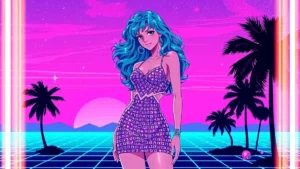 Stylized retro illustration of a pop star celebrating at a glamorous wedding in Sicily.