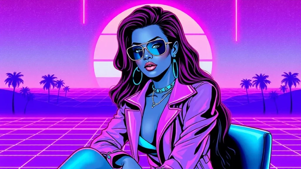 Stylized illustration of Tyra Banks in a neon Y2K vaporwave setting with digital glitches.