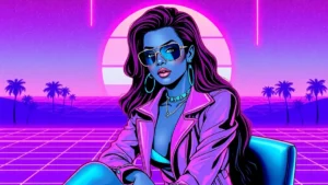 Stylized illustration of Tyra Banks in a neon Y2K vaporwave setting with digital glitches.